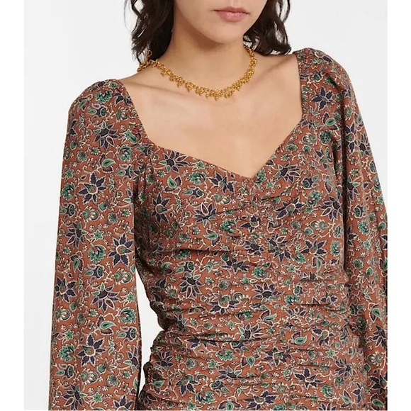 VERONICA BEARD Floral Paisley Sweetheart Neck Puff Long Sleeve Ruched Dress 4 - Picture 4 of 11